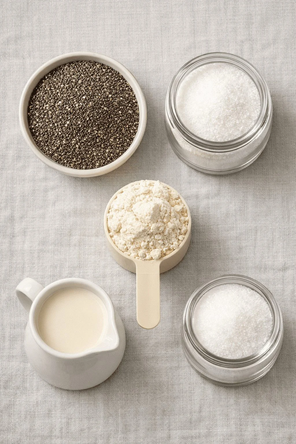 Portrait/Pinterest format () close-up overhead flat-lay of raw chia seeds, a scoop of vanilla protein powder, a small