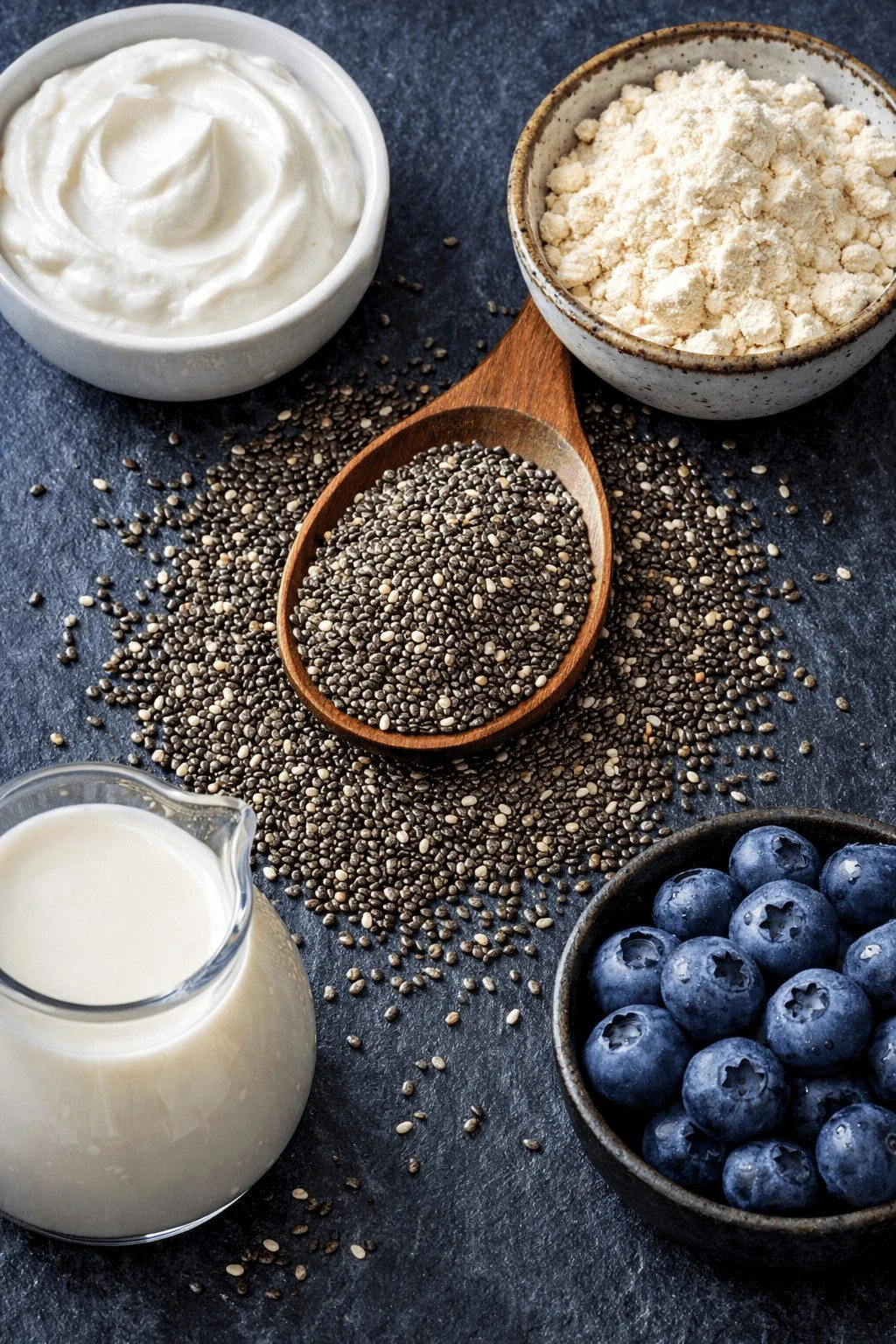 Portrait/Pinterest format () close-up overhead flat-lay of raw chia seeds spilling from a wooden spoon onto a dark slate