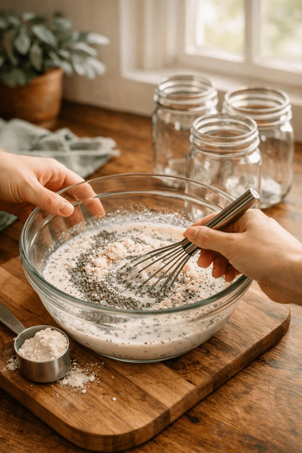 Portrait/Pinterest format () step-by-step preparation scene showing hands whisking chia seeds and protein powder into milk