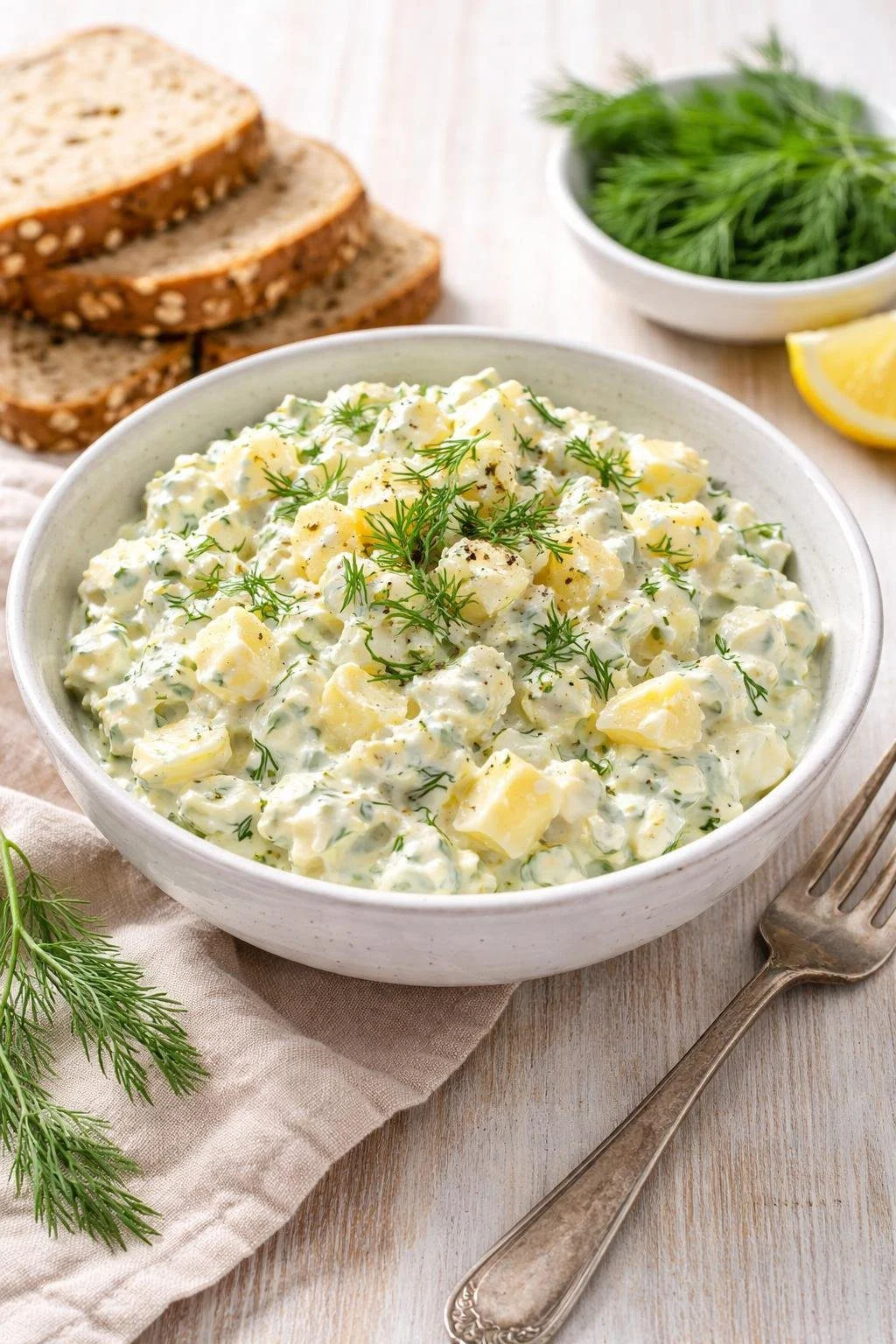 A bowl of creamy egg salad with chopped dill on a wooden table, accompanied by slices of bread and fresh dill sprigs.