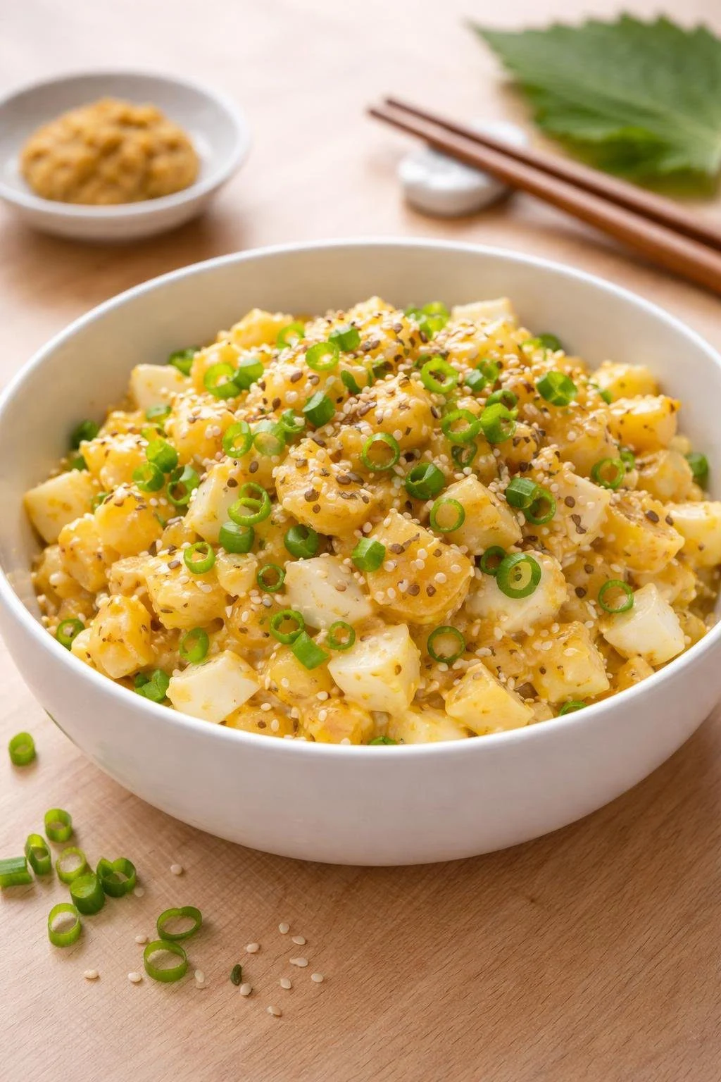A bowl of Japanese miso egg salad garnished with green onions and sesame seeds on a wooden table with chopsticks and miso paste in the background.