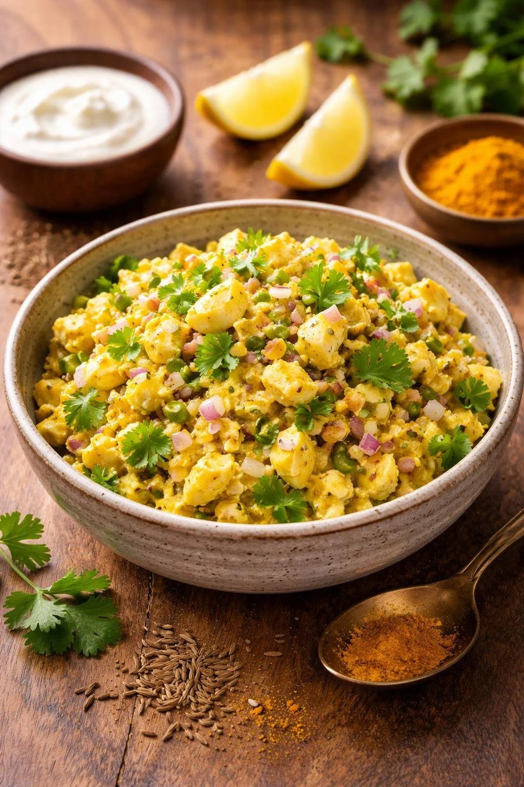 A bowl of Indian spiced curried egg salad with chopped eggs, onions, cilantro, and spices on a wooden table.