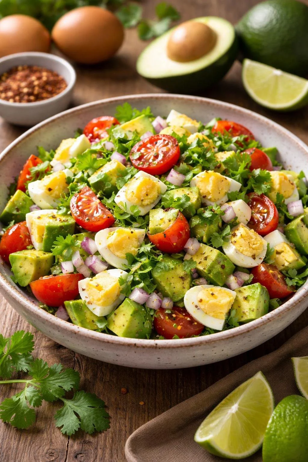 A bowl of Mexican avocado and egg salad with avocado, eggs, tomatoes, onions, and cilantro on a wooden table surrounded by fresh ingredients.