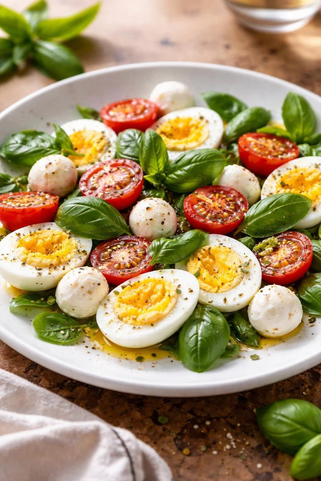 A plate of Italian Caprese Egg Salad with eggs, cherry tomatoes, basil, and mozzarella on a wooden table.