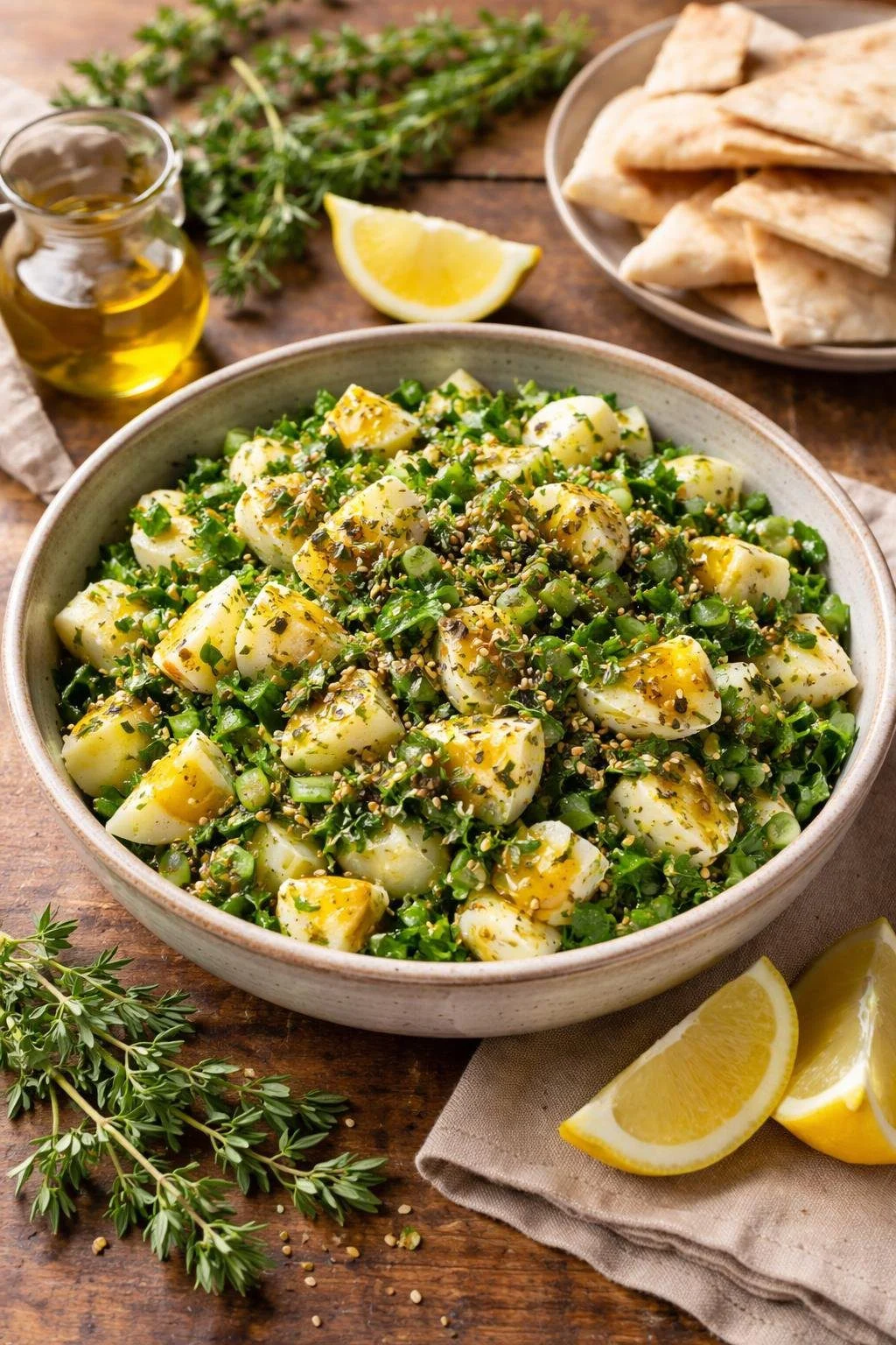 A bowl of Middle Eastern Za'atar egg salad with chopped eggs, herbs, and seasoning, accompanied by lemon wedges, olive oil, and pita bread on a wooden table.