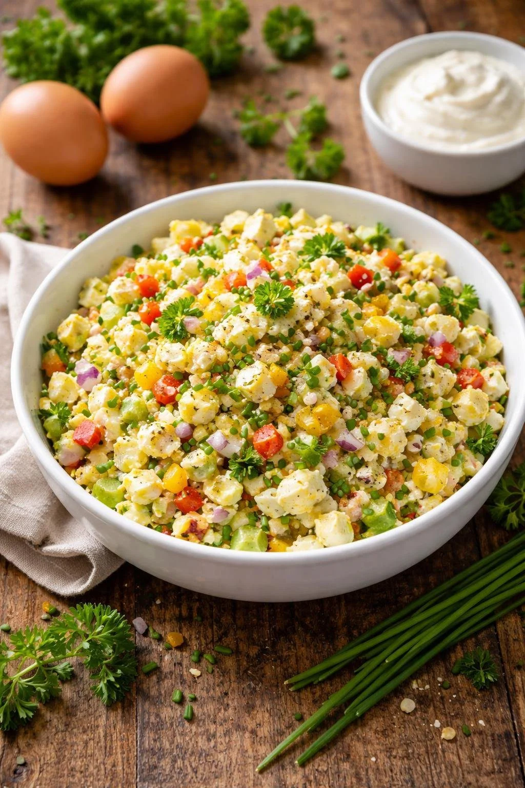 A bowl of fresh egg salad with chopped eggs and vegetables on a wooden table, surrounded by eggs and fresh herbs.