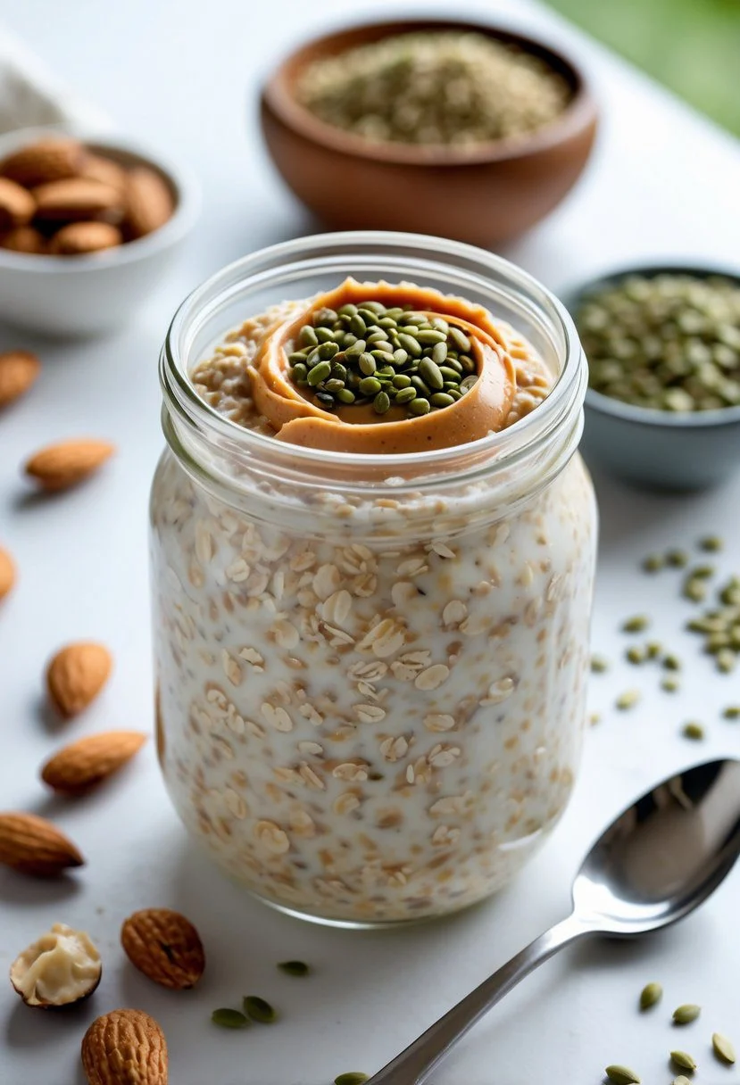A jar of overnight oats topped with almond butter and hemp hearts on a kitchen table with almonds and hemp seeds nearby.