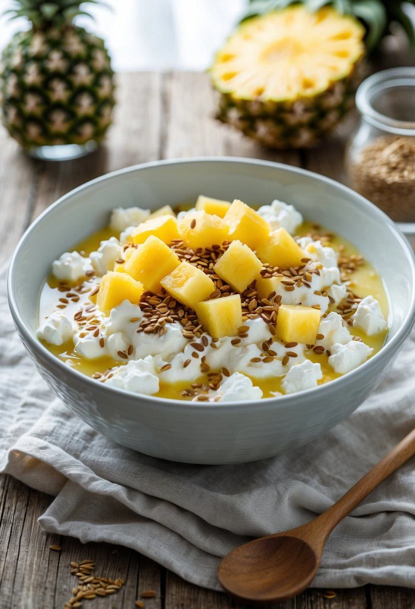 A bowl of cottage cheese topped with pineapple chunks and flaxseeds on a wooden table with a halved pineapple and flaxseeds nearby.