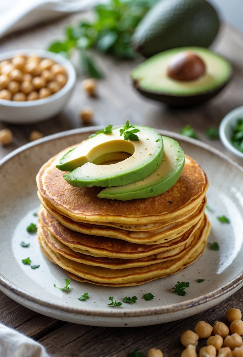 A stack of chickpea flour pancakes topped with sliced avocado on a white plate on a wooden table.