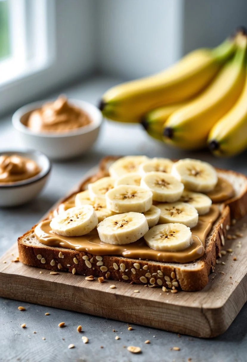 A slice of whole grain toast topped with peanut butter and sliced bananas on a wooden cutting board.
