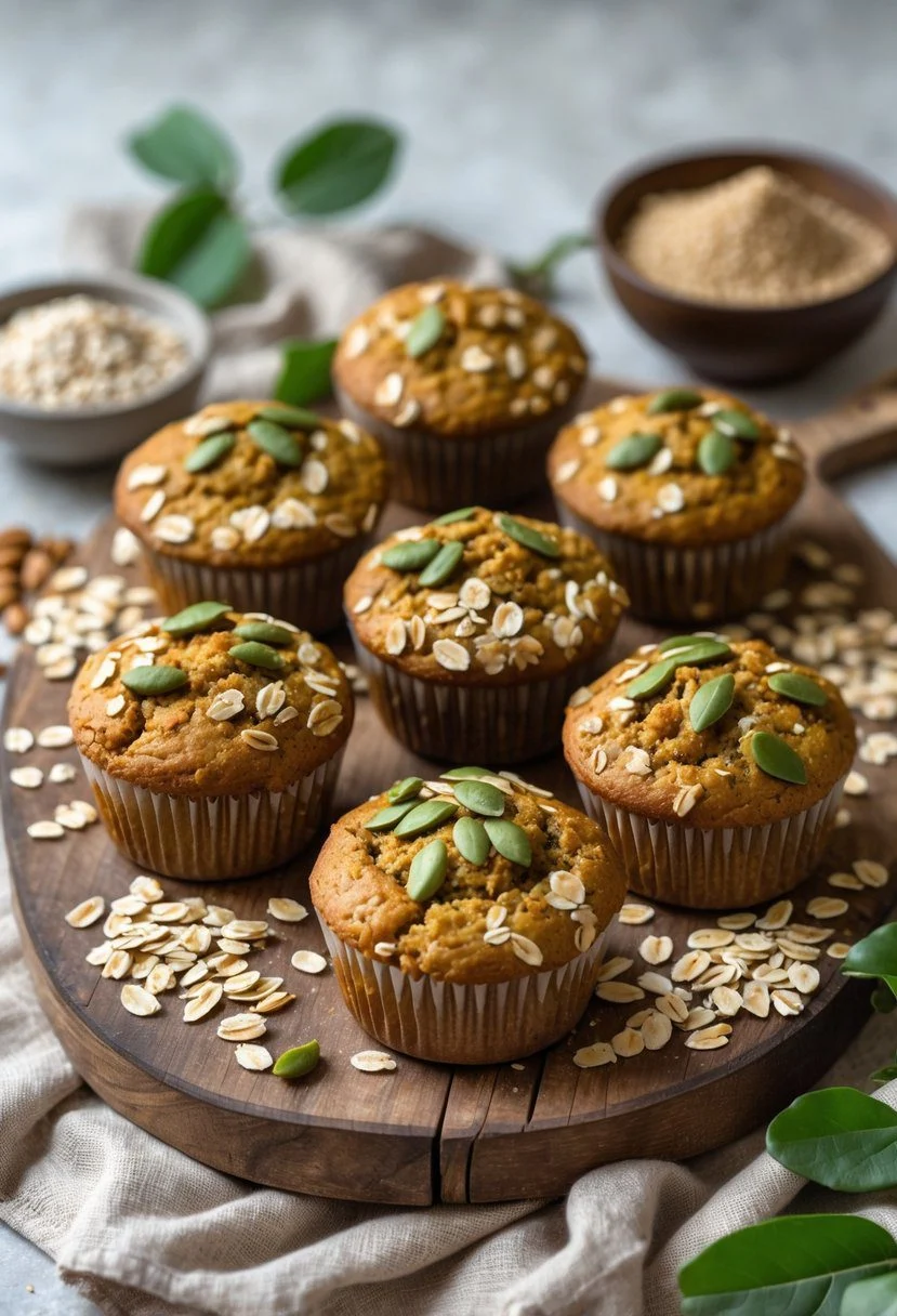 Freshly baked vegan protein muffins with oats and pumpkin seeds arranged on a wooden board with scattered oats and seeds around.