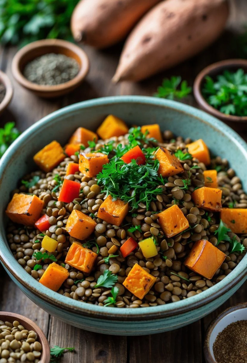 A bowl of lentil and sweet potato hash with herbs on a wooden table surrounded by fresh ingredients.