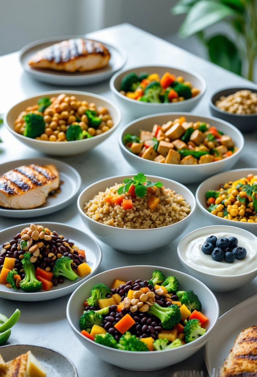 A table displaying a variety of colorful high-protein meals without eggs, including grilled chicken, quinoa salad, lentil stew, tofu stir-fry, black bean salad, and Greek yogurt with nuts and berries.