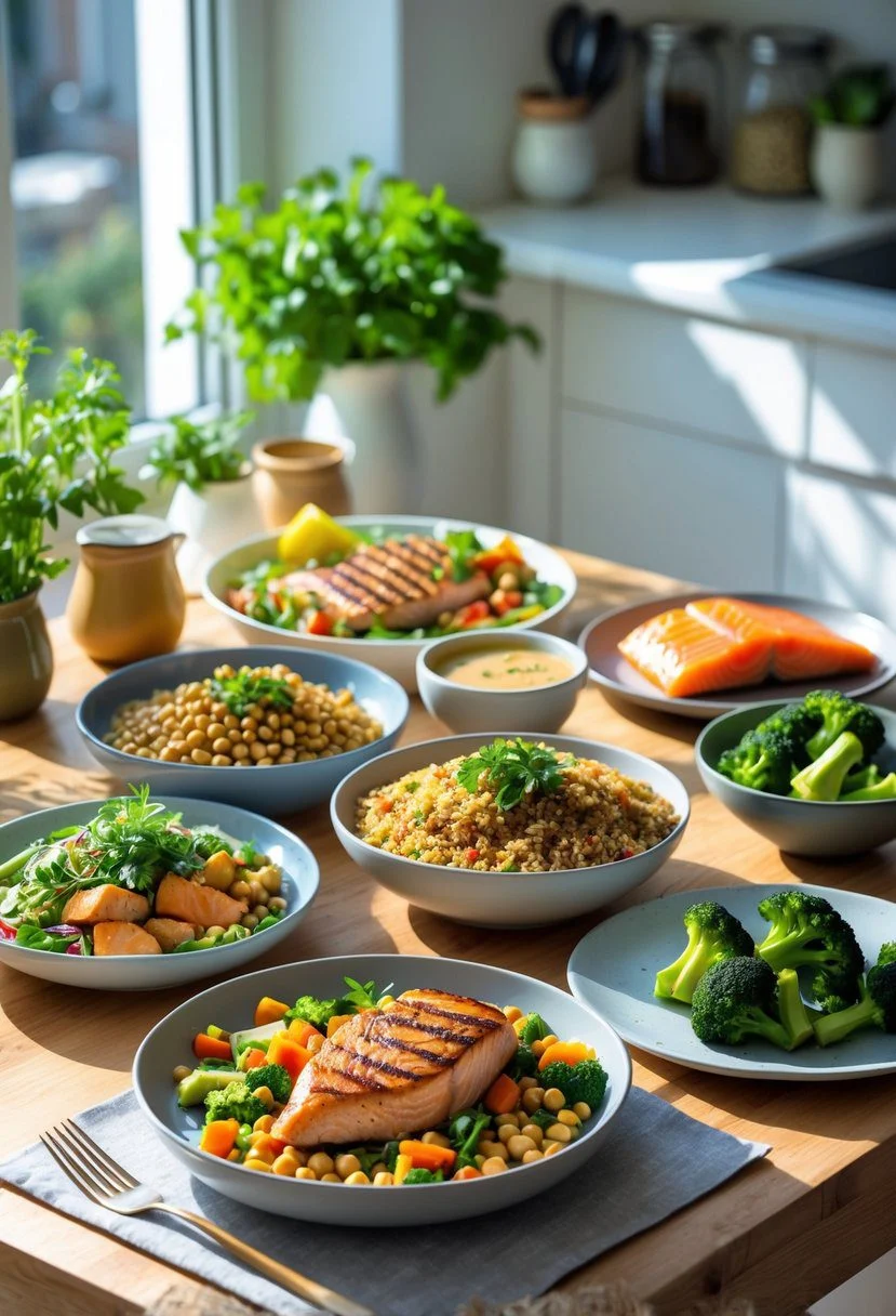 A kitchen table with various high-protein dishes including grilled chicken, quinoa salad, lentil soup, tofu stir-fry, and salmon with vegetables.