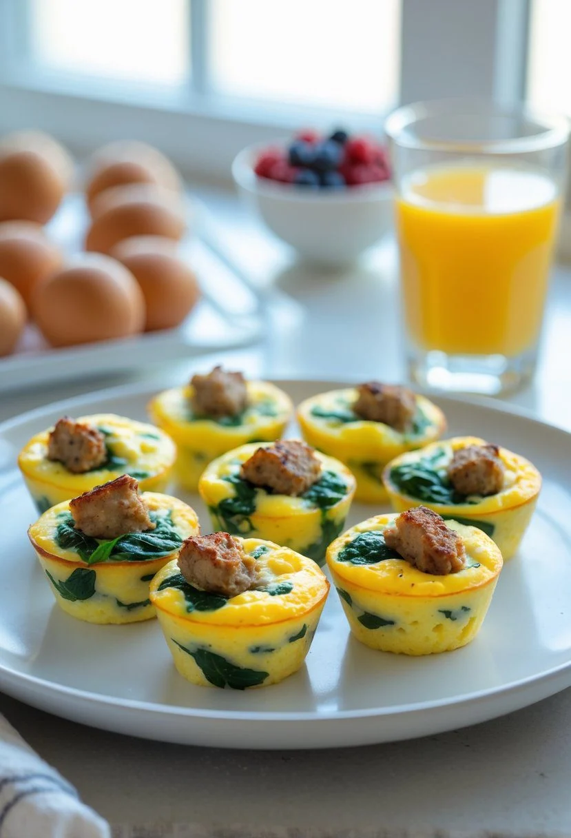 A plate of egg muffins with spinach and sausage on a kitchen counter with a glass of orange juice and a bowl of berries in the background.