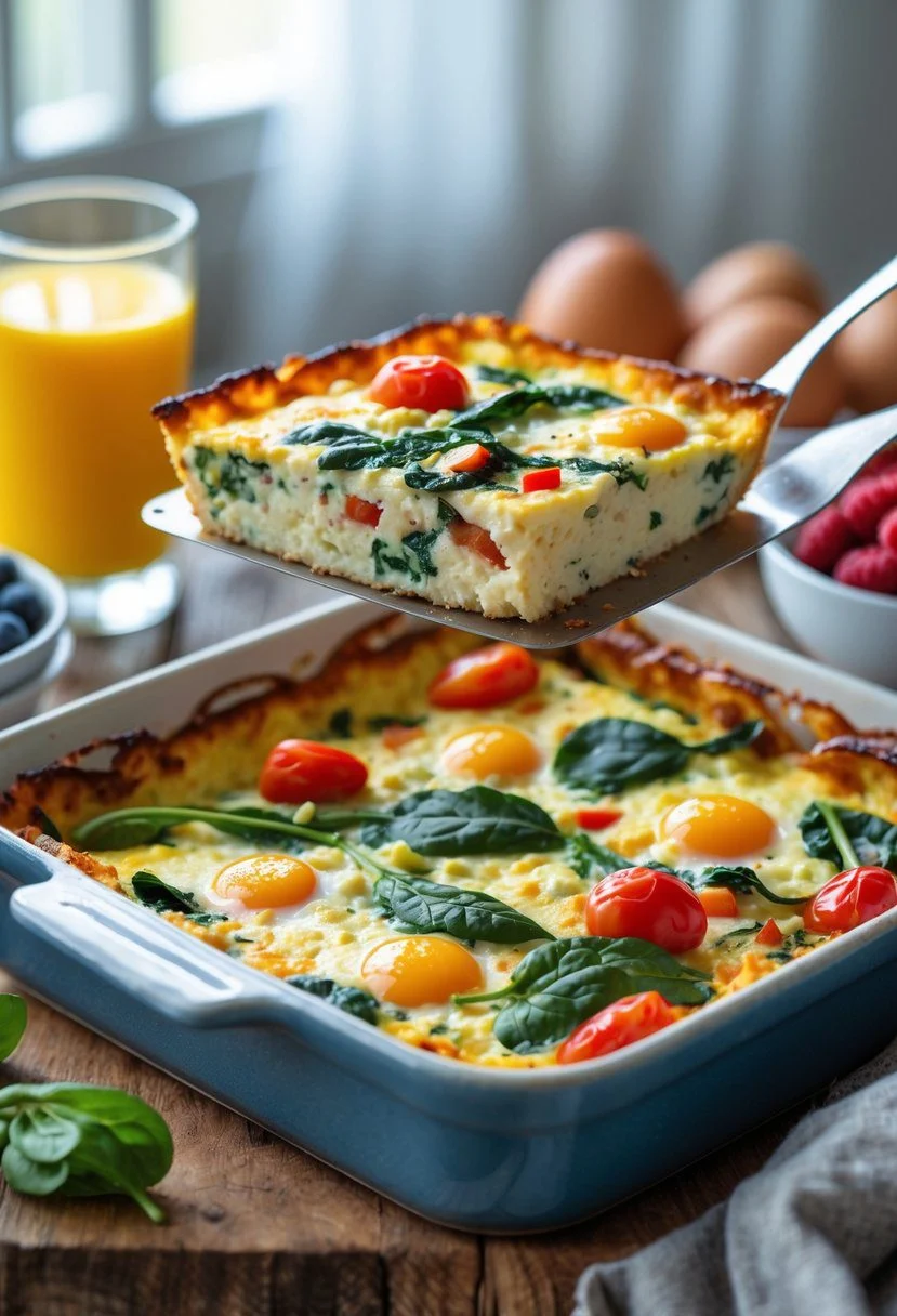 A freshly baked egg dish with cottage cheese and colorful vegetables in a baking dish on a wooden table, with a serving spatula lifting a portion.