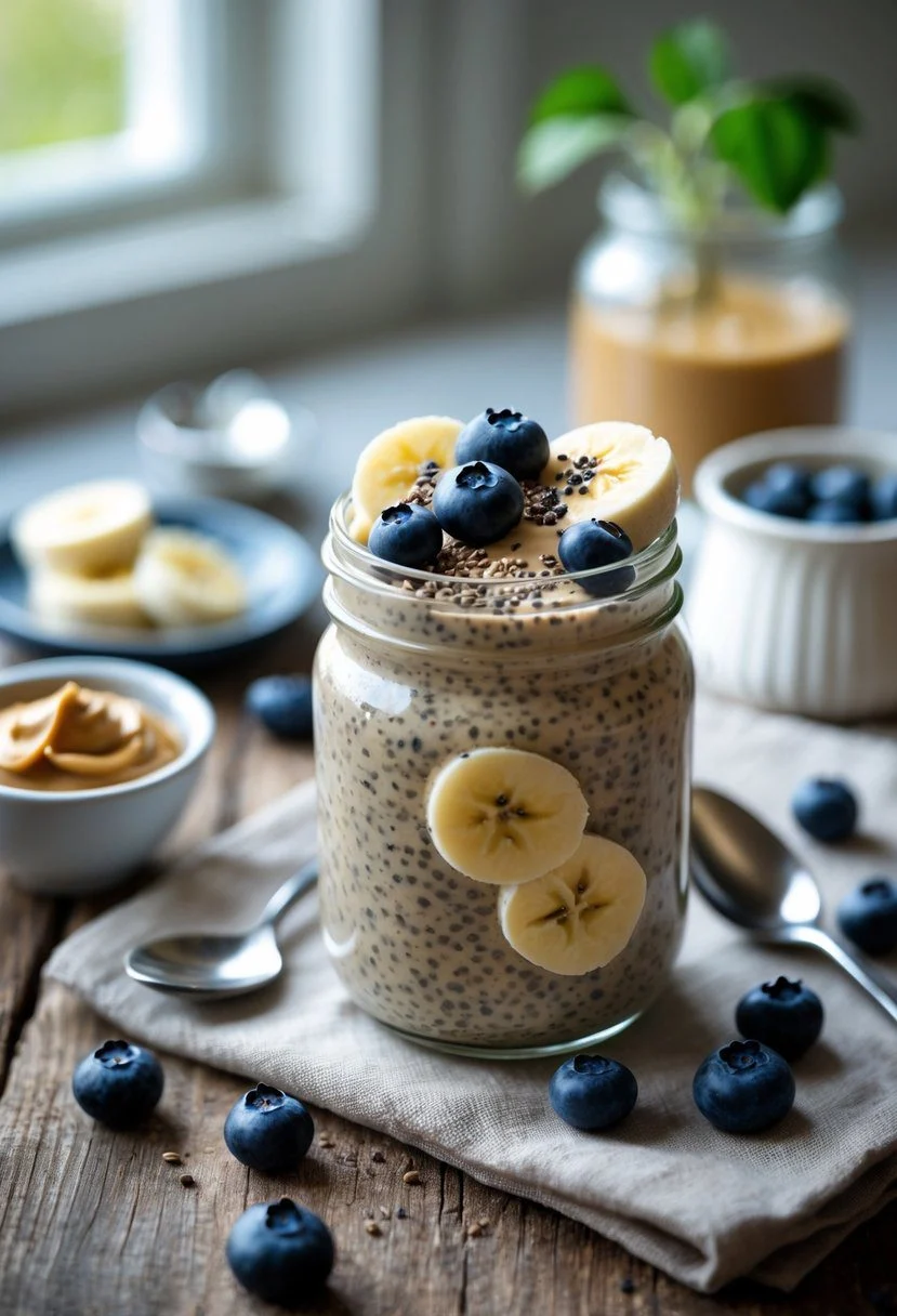 A glass jar of peanut butter chia seed pudding topped with blueberries and banana slices on a wooden table with a spoon and a small bowl of peanut butter nearby.