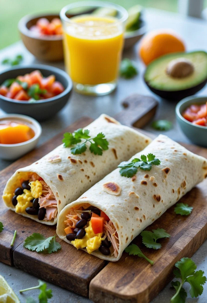 Two turkey and black bean breakfast burritos on a wooden board with bowls of salsa and avocado slices, and a glass of orange juice on a kitchen table.