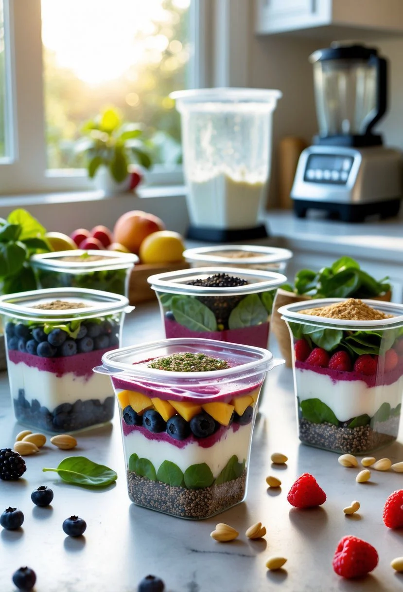 Clear containers filled with colorful smoothie ingredients arranged on a kitchen counter with fresh fruits and a blender in the background.
