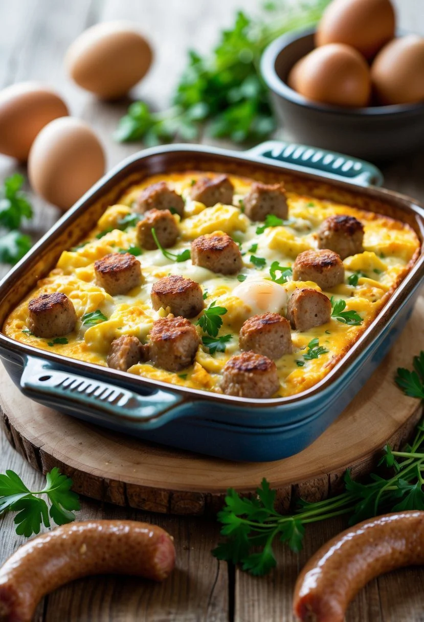 A freshly baked breakfast sausage and egg casserole in a ceramic dish on a wooden table with fresh ingredients around it.
