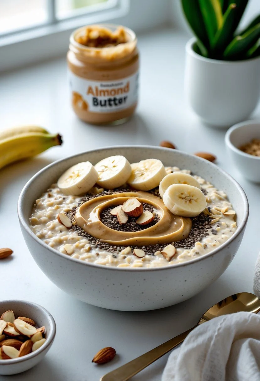 A bowl of overnight oats topped with sliced bananas, almond butter, chia seeds, and chopped almonds on a kitchen countertop with a jar of almond butter and a banana nearby.