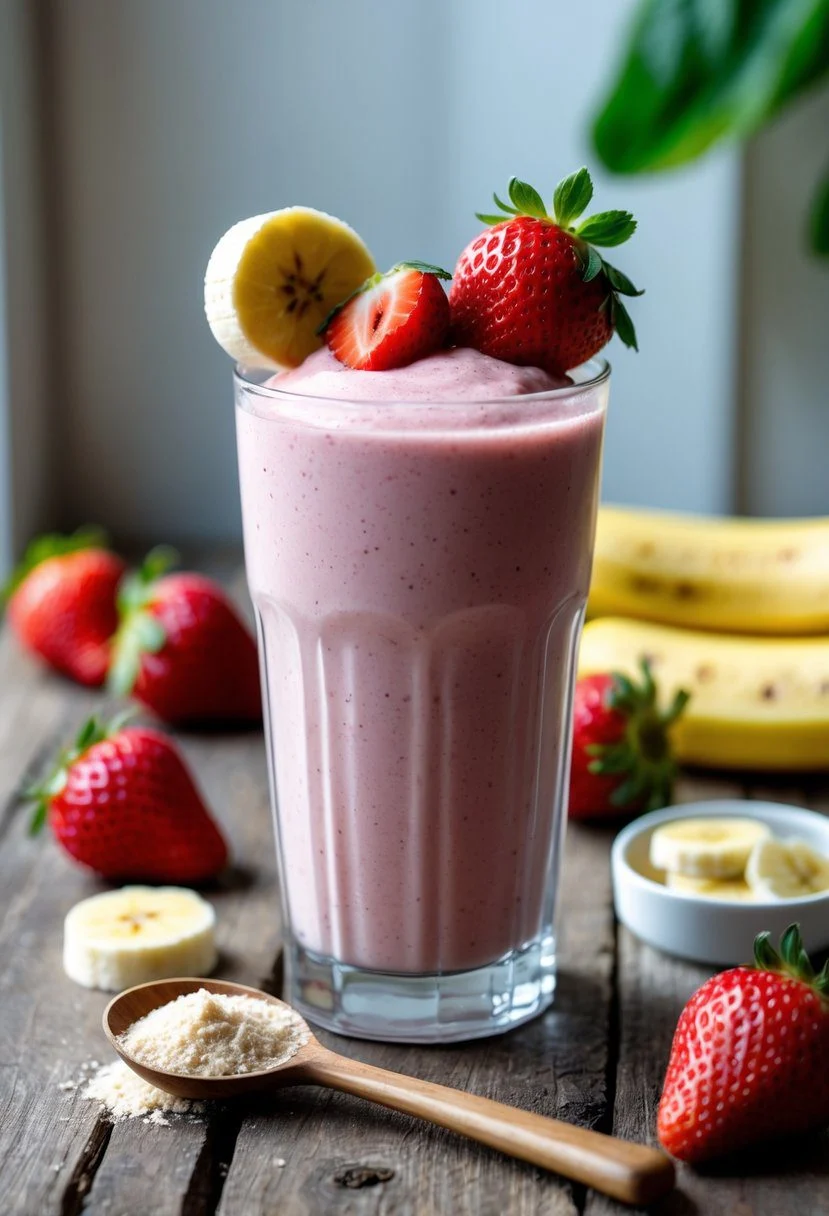 A glass of strawberry banana protein shake with fresh strawberries and banana on a wooden table.