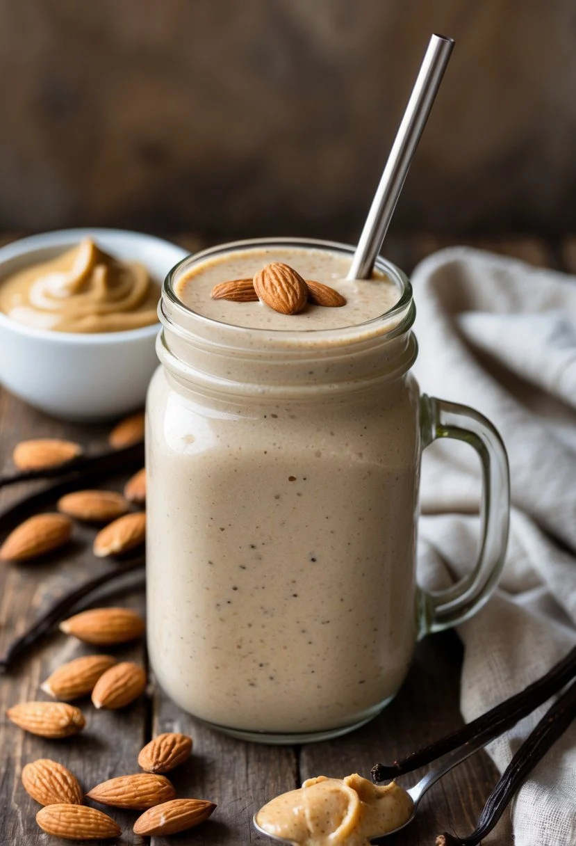 A glass jar filled with a creamy vanilla almond butter smoothie on a wooden table with almonds and vanilla beans around it.