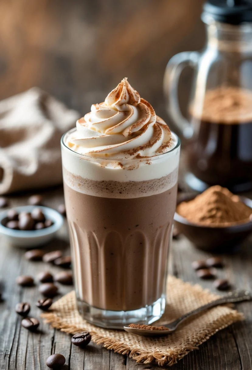 A glass of mocha espresso protein shake topped with whipped cream and cocoa powder on a wooden table with coffee beans and chocolate pieces nearby.