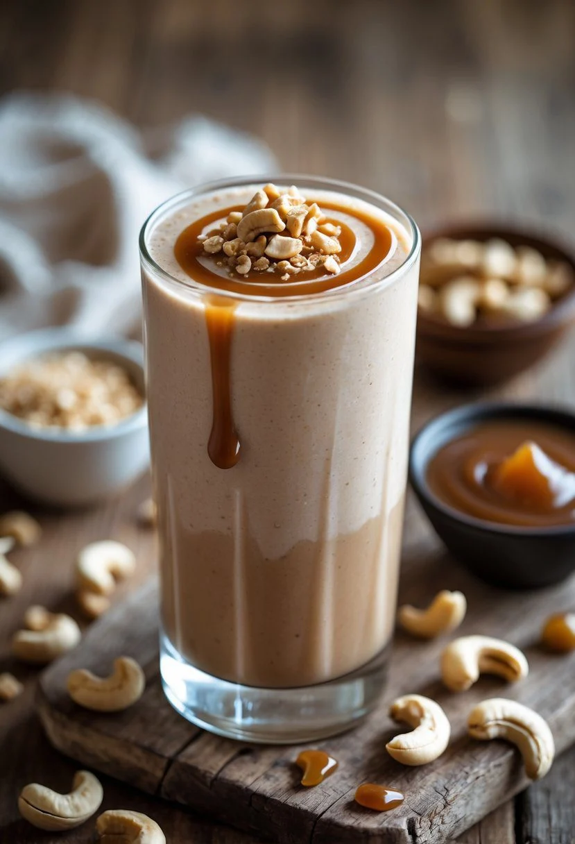 A tall glass of salted caramel cashew protein shake topped with caramel sauce and crushed cashews on a wooden surface with cashews and caramel sauce nearby.