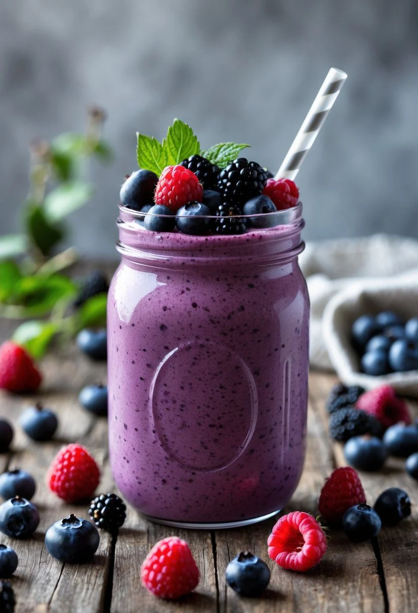 A glass jar filled with a purple mixed berry smoothie topped with fresh berries, placed on a wooden table with scattered berries around it.