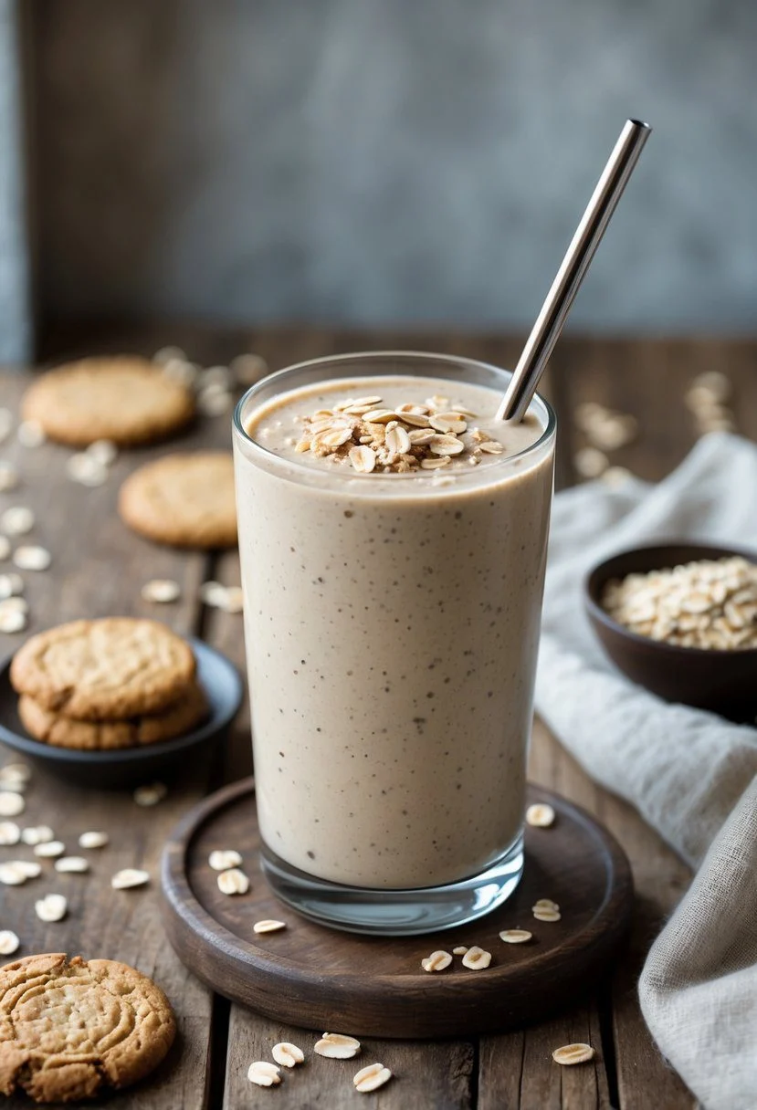 A glass of oatmeal cookie smoothie with a metal straw on a wooden table, surrounded by oatmeal cookies and scattered oats.