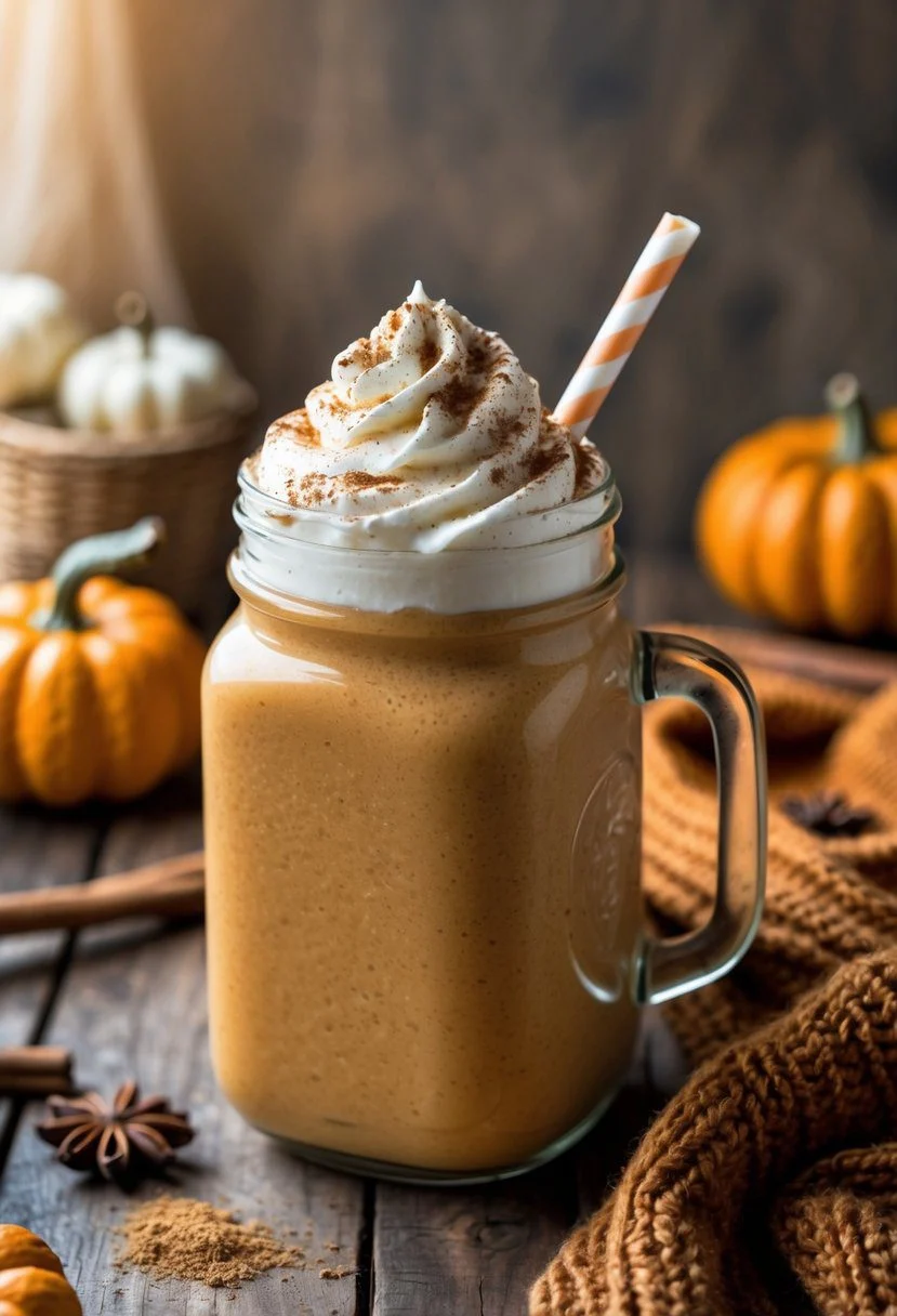 A glass jar filled with a creamy pumpkin spice protein shake topped with whipped cream and cinnamon, surrounded by small pumpkins and autumn spices on a wooden table.