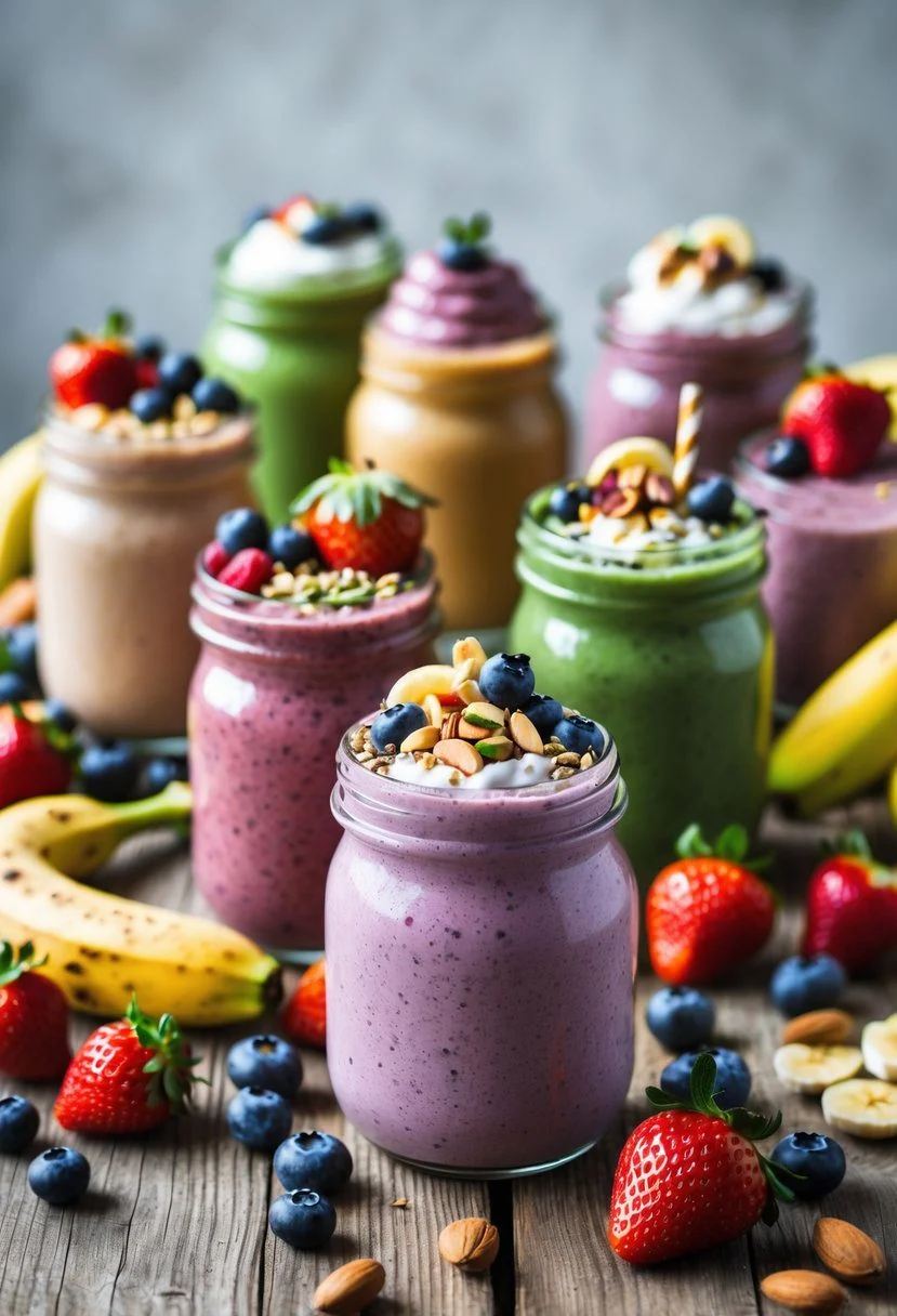 Assorted colorful smoothies topped with fresh fruits and nuts arranged on a wooden table with scattered ingredients around them.