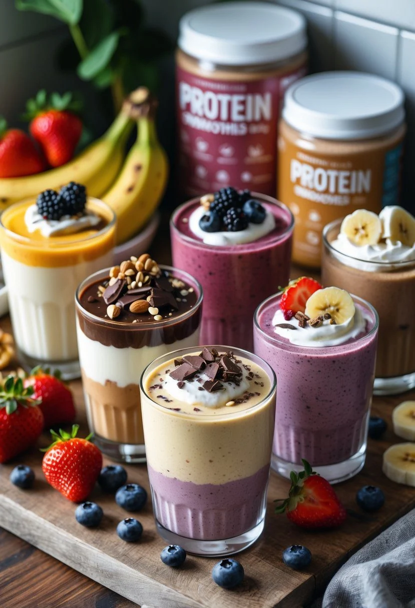 A kitchen countertop with several colorful protein smoothies in clear glasses topped with fresh fruits and nuts, surrounded by fresh ingredients and protein powder containers.