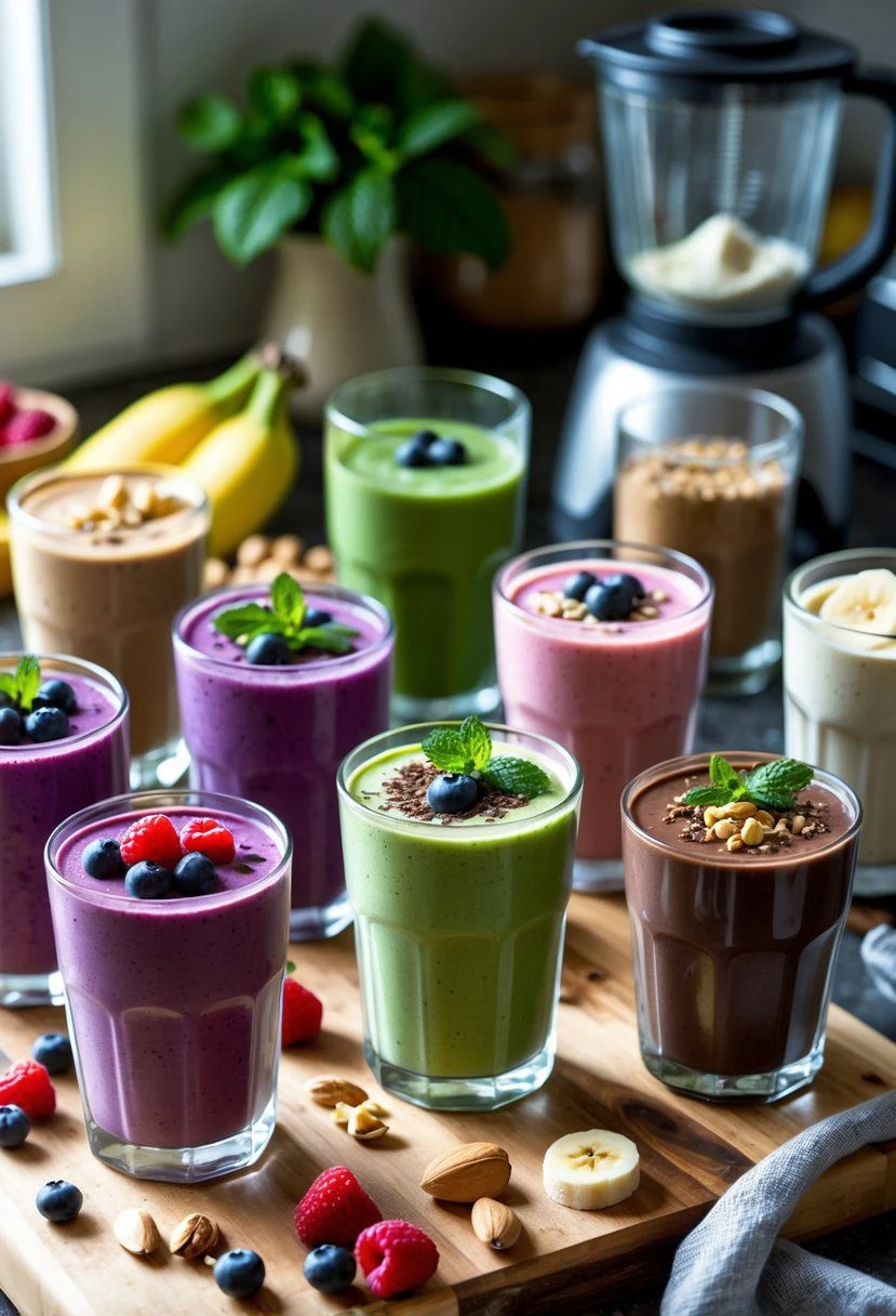 A kitchen countertop with several colorful smoothies in clear glasses, surrounded by fresh fruits and ingredients.